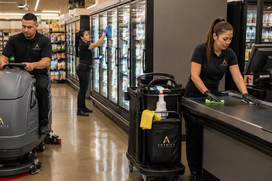 America crew in a supermarket: floor scrubbing, refrigerator glass and checkout counters