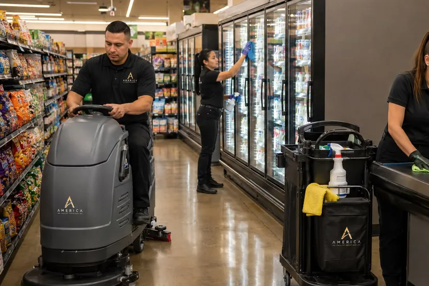 America operator running a ride-on floor scrubber along a supermarket aisle
