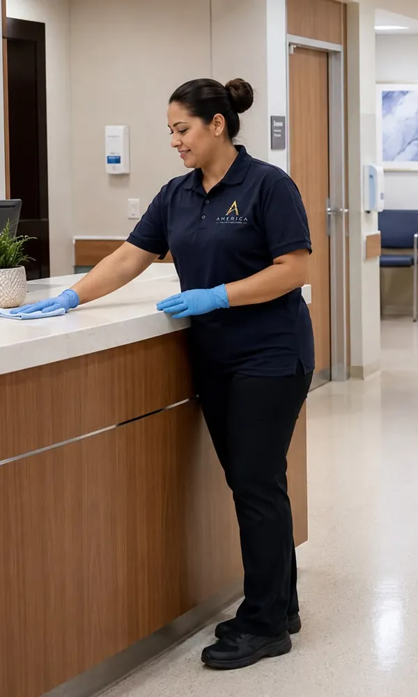 America cleaner wiping down a reception counter in a healthcare facility